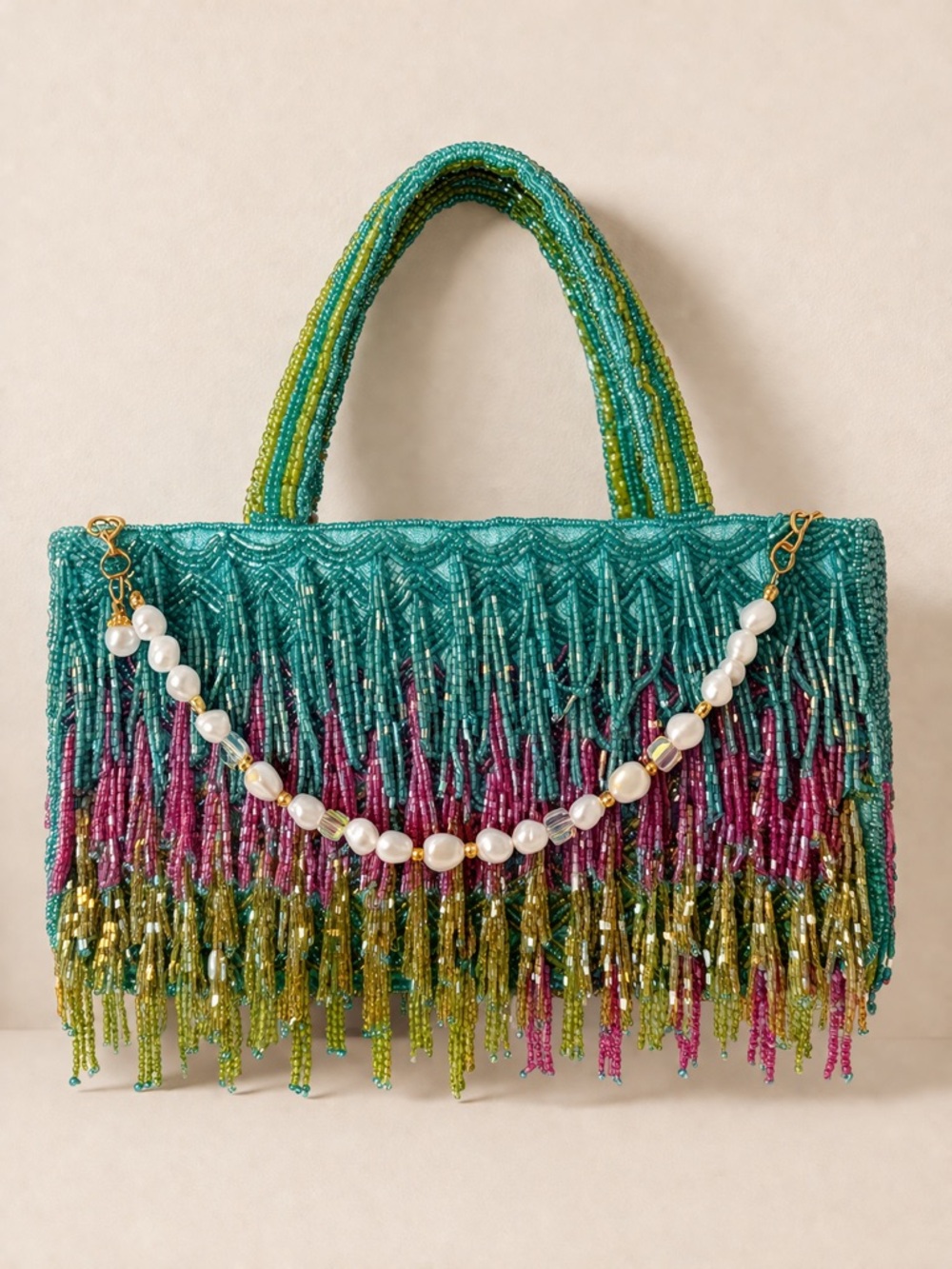 Beaded Fringe Mini Bag in Teal, Purple & Green